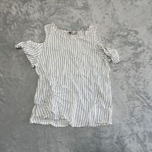 TEMT Shirt Womens Size 8 White Blue Stripes Cold Shoulder Short Sleeve Tee Rayon